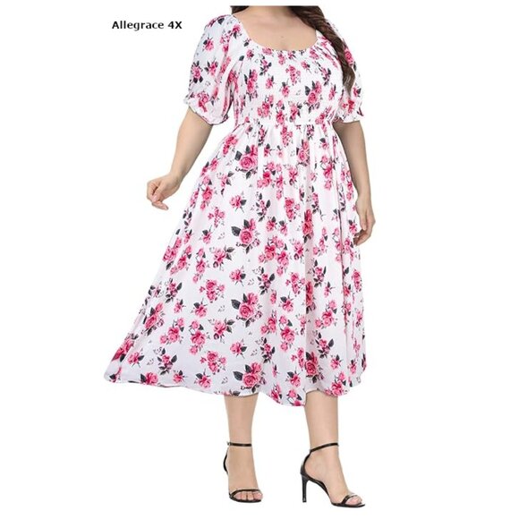 Allegrace Rayon Smocked Puff Sleeve Dress white w pink roses NWOT size 4x plus - Picture 1 of 4